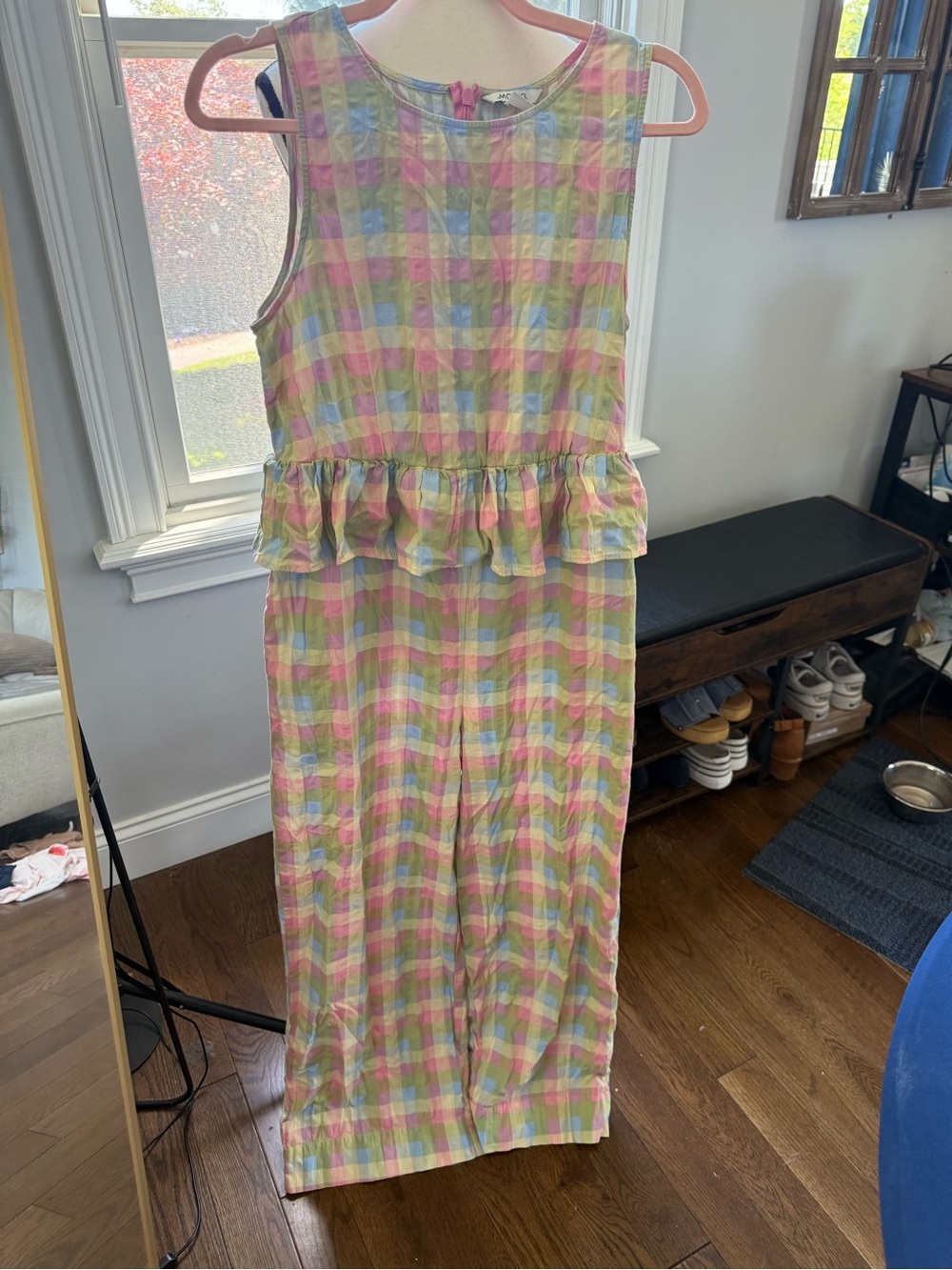 Monki Pastel Plaid Ruffle-Waist Wide-Leg Jumpsuit Size medium - Picture 5 of 11